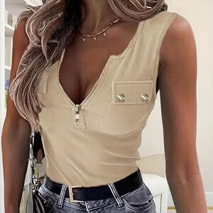 Sleeveless Zip V-Neck Ribbed Tank Top in Beige